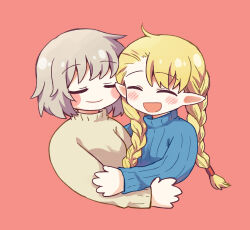 Rule 34 | 2girls, :d, asymmetrical bangs, black sweater, blush stickers, braid, closed mouth, couple, cropped torso, dungeon meshi, elf, facing viewer, falin thorden, grey hair, grey sweater, hair over shoulder, highres, hug, marcille donato, multiple girls, open mouth, pointy ears, red background, ribbed sweater, simple background, smile, sweater, turtleneck, turtleneck sweater, twin braids, twintails, youyan, yuri