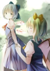 Rule 34 | 2girls, blue bow, blue dress, blue eyes, blue hair, blush, bow, cirno, daiyousei, dress, closed eyes, fairy wings, green hair, hair bow, holding hands, highres, ice, ice wings, large bow, light smile, multiple girls, neckwear request, outdoors, puffy short sleeves, puffy sleeves, red neckwear, red ribbon, ribbon, short hair, short sleeves, side ponytail, suzuri natsume, touhou, wings, yellow bow, yellow neckwear, yuri