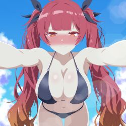 Rule 34 | 1girl, arbiter1, azur lane, bent over, bikini, breasts, cleavage, honolulu (azur lane), large breasts, long hair, looking at viewer, navel, red hair, solo, swimsuit, twintails