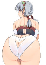 Rule 34 | 1girl, ass, ass cutout, back, bare shoulders, bent over, blue eyes, breasts, butt crack, cameltoe, clothing cutout, curvy, elbow gloves, from behind, gloves, grey hair, hairband, hands between legs, highres, huge ass, huge breasts, kouno (masao), looking at viewer, looking back, original, sideboob, solo, thick thighs, thighs, twintails, white background, wide hips