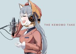 Rule 34 | 1girl, animal ears, belt, blazer, brown hair, extra ears, fox ears, fox girl, hat, headphones, island fox (kemono friends), jacket, kemono friends, kemono friends v project, long hair, microphone, multicolored hair, necktie, orange hair, parody, ribbon, shironappa 46, shirt, simple background, skirt, solo, the first take, twintails, two-tone hair, virtual youtuber