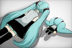 Rule 34 | 1girl, absurdres, black skirt, black thighhighs, blue hair, doll, grey background, grey shirt, hatsune miku, highres, long hair, lying, on stomach, shadow, shirt, skirt, sleeveless, sleeveless shirt, snale, solo, thighhighs, twintails, very long hair, vocaloid