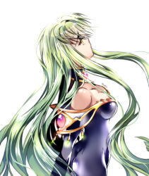 Rule 34 | 1girl, ass, bare shoulders, breasts, c.c., cleavage, code geass, colored eyelashes, crying, crying with eyes open, dress, green hair, long hair, looking up, meimi k, solo, tears, yellow eyes