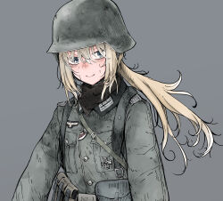 1girl absurdres ammunition_pouch black_scarf blonde_hair blue_eyes closed_mouth combat_helmet cross epaulettes german_army grey_background grey_jacket hair_between_eyes helmet highres iron_cross jacket long_hair long_sleeves military_uniform original ponytail pouch reichsadler scarf shichisaburo sidelocks simple_background smile solo stahlhelm sweat world_war_ii