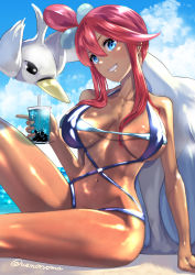 Rule 34 | 1girl, artist name, blue eyes, blush, breasts, clenched teeth, cloud, collarbone, commentary request, creatures (company), cup, day, drinking straw, eyelashes, game freak, gen 5 pokemon, gym leader, hair between eyes, hair ornament, highres, holding, holding cup, large breasts, long hair, navel, nintendo, one-piece swimsuit, outdoors, pokemon, pokemon (creature), pokemon bw, purple one-piece swimsuit, red hair, shiny skin, sidelocks, sitting, sky, skyla (pokemon), smile, swanna, swimsuit, teeth, uenoryoma, water, watermark
