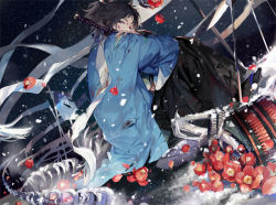 Rule 34 | 10s, 1boy, arrow (projectile), back, black hair, black legwear, blood, blood on clothes, blood on face, camellia, covered mouth, cuts, dark, dutch angle, flag, flower, from behind, from side, hakama, hakama skirt, hand on own shoulder, haori, injury, japanese clothes, katana, looking at viewer, looking back, male focus, night, nineo, outdoors, pom pom (clothes), ponytail, scarf, sitting, skeleton, skirt, snow, snowing, solo, sword, tabi, torn clothes, torn scarf, touken ranbu, weapon, white scarf, yamato-no-kami yasusada