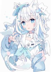 Rule 34 | + +, 1girl, animal ear fluff, animal ears, bandaid, bandaid on arm, blue cardigan, blue eyes, blue hair, blue neckerchief, blush stickers, cardigan, chon (chon33v), closed mouth, commentary request, cropped torso, freckles, frilled sailor collar, frills, hand up, highres, long hair, long sleeves, looking at viewer, mini wings, multicolored hair, neckerchief, off shoulder, open cardigan, open clothes, original, puffy long sleeves, puffy sleeves, sailor collar, school uniform, serafuku, shirt, simple background, sleeves past wrists, solo, tongue, tongue out, two-tone hair, upper body, v, white background, white hair, white sailor collar, white shirt, white wings, wings