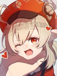 Rule 34 | 1girl, 1other, ;d, ahoge, backpack, bag, brown scarf, cabbie hat, clover print, coat, commentary request, genshin impact, hand on another&#039;s chin, hat, hat feather, hat ornament, highres, kitsunebi v3kokonn, klee (genshin impact), light brown hair, long hair, long sleeves, looking at viewer, low twintails, one eye closed, open mouth, orange eyes, pointy ears, pov, red coat, red headwear, scarf, sidelocks, simple background, smile, twintails, white background