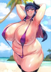 Rule 34 | 1girl, absurdres, areola slip, armpits, arms behind head, arms up, black thighhighs, blue eyes, blue hair, breasts, fat, highres, horns, huge breasts, long hair, looking at viewer, multicolored hair, original, pink hair, plump, pointy ears, slingshot swimsuit, smile, solo, standing, sweat, swimsuit, thick thighs, thighhighs, thighs, tongue, tongue out, wet, wow (cor369)