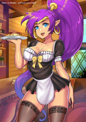 Rule 34 | 1girl, blue eyes, breasts, dark-skinned female, dark skin, earrings, food, giovanni zaccaria, gold hairband, hairband, jewelry, lace, lace-trimmed legwear, lace trim, long hair, looking down, maid, pointy ears, ponytail, pudding, purple hair, shantae, shantae (series), tan, thighhighs