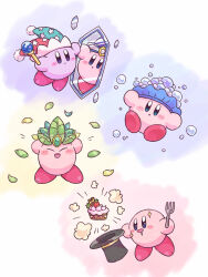 Rule 34 | :o, arms up, beam kirby, black headwear, blue eyes, blue headwear, blush, blush stickers, bubble, bubble kirby, cake, cake slice, closed eyes, closed mouth, commentary request, copy ability, crown, crystal, drooling, food, fork, fruit, gem, green headwear, harukui, hat, unworn hat, unworn headwear, highres, holding, holding clothes, holding fork, holding hat, holding wand, jester cap, kirby, kirby (series), leaf, leaf kirby, looking at viewer, magic, mirror, mirror kirby, multiple views, nintendo, no humans, open mouth, red headwear, reflection, simple background, smile, soap bubbles, sparkle, star (symbol), star print, strawberry, top hat, two-tone headwear, wafer stick, wand, white background
