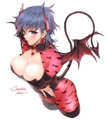 Rule 34 | 1girl, animal print, bat print, black leotard, blue hair, blush, bodysuit, breasts, cleavage, closed mouth, cropped legs, demon girl, demon horns, demon tail, earrings, flower, flower earrings, flower necklace, highres, horns, jewelry, large breasts, leotard, looking at viewer, necklace, original, pigeon666, purple eyes, red flower, red rose, rose, signature, slit pupils, solo, tail, thighhighs