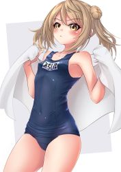 Rule 34 | 1girl, absurdres, blue one-piece swimsuit, breasts, commentary request, cowboy shot, crotch seam, double bun, hair bun, highres, kantai collection, light brown hair, looking at viewer, makura (y makura), michishio (kancolle), name tag, old school swimsuit, one-piece swimsuit, school swimsuit, short hair, short twintails, small breasts, solo, swimsuit, towel, twintails, white towel, yellow eyes