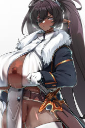 Rule 34 | 1girl, belt, black hair, blush, breasts, buttons, censored, cleft of venus, cowboy shot, curvy, dark-skinned female, dark elf, dark elf (konoshige), dark skin, double-breasted, earrings, elf, fat mons, fur-trimmed jacket, fur trim, groin, hair ornament, highres, huge areolae, huge breasts, jacket, jewelry, konoshige (ryuun), large nipples, leggings, long coat, long hair, looking at viewer, military, military uniform, mosaic censoring, nipples, no bra, no panties, original, parted lips, pelvic curtain, pointy ears, puffy nipples, purple eyes, pussy, revealing clothes, sheath, shiny clothes, shiny skin, sidelocks, solo, standing, sweat, sword, thick thighs, thighhighs, thighs, twintails, uniform, very long hair, weapon, white leggings, wide hips