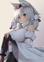 Rule 34 | 1girl, animal ear fluff, animal ears, bare shoulders, black skirt, breasts, closed mouth, grey background, highres, holding, holding sword, holding weapon, inubashiri momiji, katana, large breasts, onomiya, pom pom (clothes), red eyes, shirt, short hair, skirt, solo, sword, tail, touhou, upper body, weapon, white hair, white shirt, white sleeves, wolf ears, wolf girl, wolf tail