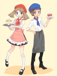 Rule 34 | 1boy, 1girl, :d, apron, beret, black footwear, black pants, blue headwear, brendan (pokemon), brown hair, closed mouth, commentary request, creatures (company), cup, dress, frills, game freak, grey apron, grey eyes, hat, holding, holding saucer, holding tray, knees, may (pokemon), necktie, niimura (csnel), nintendo, open mouth, pants, pink dress, pokemon, pokemon oras, saucer, shirt, shoes, short necktie, sleeves rolled up, smile, socks, standing, steam, teacup, tray, waist apron, white shirt, white socks
