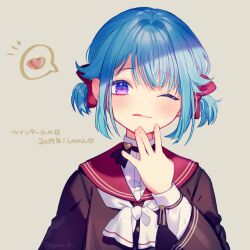 Rule 34 | 1boy, androgynous, black choker, blue hair, blush, bow, brown jacket, choker, ensemble stars!, hair bow, heart, jacket, looking at viewer, male focus, medium hair, multiple hair bows, one eye closed, purple eyes, red bow, red sailor collar, rinndouk, sailor collar, shino hajime, solo, spoken heart, tongue, tongue out, twintails, white bow