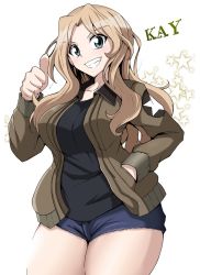 Rule 34 | 1girl, black shirt, blonde hair, blue eyes, blue shorts, character name, commentary request, cowboy shot, cutoffs, denim, denim shorts, girls und panzer, grin, hair intakes, hand in pocket, jacket, kay (girls und panzer), kirisaki reina, long hair, looking at viewer, open clothes, open jacket, partial commentary, saunders military uniform, shirt, short shorts, shorts, smile, solo, standing, star (symbol), starry background, thumbs up, white background