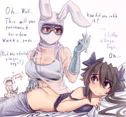 Rule 34 | 3girls, ^ ^, animal ears, ass, black hair, bow, breasts, closed eyes, clothes pull, commentary, coronavirus pandemic, english commentary, english text, closed eyes, gloves, grey gloves, hair bow, hand up, hater (hatater), highres, himekaidou hatate, holding, holding syringe, inaba tewi, large breasts, long hair, looking at another, lying, multiple girls, on stomach, pointy ears, polka dot, purple bow, purple eyes, purple hair, rabbit ears, red eyes, reisen udongein inaba, see-through, simple background, strap slip, syringe, tank top, touhou, white background