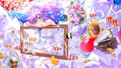 Rule 34 | 1girl, air bubble, alternate costume, animal, azur lane, bare shoulders, blurry, blurry foreground, blush, breasts, bubble, cleavage, closed mouth, clownfish, commentary request, cup, day, depth of field, dress, fish, fish request, flower, green eyes, hair between eyes, hair ornament, head tilt, highres, javelin (azur lane), lace, lace-trimmed legwear, lace trim, long hair, looking at viewer, medium breasts, orange flower, outdoors, phonograph, picture frame, ponytail, purple flower, purple hair, red flower, red rose, rose, saucer, see-through, smile, solo, strapless, strapless dress, swordsouls, teacup, teapot, thighhighs, underwater, veil, water, white dress, white thighhighs, yellow flower