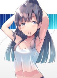 Rule 34 | 1girl, armpits, arms up, bad id, bad twitter id, black hair, blunt bangs, blush, breasts, brown eyes, closed mouth, crop top, hair tie, holding, holding hair, idolmaster, idolmaster cinderella girls, kobayakawa sae, long hair, looking away, looking to the side, medium breasts, midriff, mouth hold, navel, ponytail, shirt, simple background, solo, tank top, tying hair, ultone (neisiss), white shirt