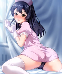 Rule 34 | 1girl, alternate costume, black hair, black panties, blurry, blush, commentary request, depth of field, from behind, gloves, hair ornament, hairclip, hat, indoors, kantai collection, long hair, looking at viewer, nurse, nurse cap, oyashio (kancolle), panties, pantylines, puffy short sleeves, puffy sleeves, revision, short sleeves, solo, thighhighs, underwear, white gloves, white thighhighs, zanntetu