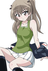 Rule 34 | 1girl, alternate costume, arm support, black footwear, black ribbon, black socks, blue jacket, blush, boots, brown eyes, closed mouth, clothes pull, commentary, girls und panzer, green shirt, hair ribbon, highres, jacket, jacket pull, knee up, leaning back, light brown hair, light frown, long hair, long sleeves, looking at viewer, military, military uniform, miniskirt, one side up, ooarai military uniform, open clothes, open jacket, pleated skirt, ribbon, shimada arisu, shirt, simple background, sitting, skirt, socks, solo, tank top, uniform, wakku kan, white background, white skirt