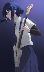 Rule 34 | 1girl, absurdres, bass guitar, black bow, black bowtie, black ribbon, black undershirt, blue hair, blue skirt, bob cut, bocchi the rock!, bow, bowtie, breasts, closed mouth, collared shirt, commentary, cowboy shot, dress shirt, earrings, electric guitar, fender precision bass, from side, gradient background, guitar, hair over one eye, highres, holding, holding guitar, holding instrument, instrument, jewelry, long skirt, long sleeves, looking ahead, microphone, mole, mole under eye, music, neck ribbon, pale skin, playing instrument, pleated skirt, purple background, ribbon, school uniform, shimokitazawa high school uniform, shirt, short hair, short sleeves, singing, skirt, small breasts, solo, standing, stud earrings, white shirt, yamada ryo, yao yang, yellow eyes