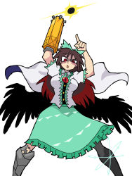 Rule 34 | 1girl, @ @, arm cannon, asymmetrical legwear, bow, brown hair, cape, center frills, eddybird55555, frills, green bow, green skirt, hair bow, helltaker, highres, index finger raised, long hair, looking at viewer, mismatched legwear, open mouth, pointing, pointing up, red eyes, reiuji utsuho, ringed eyes, shirt, short sleeves, simple background, skirt, solo, third eye, touhou, vanripper (style), weapon, white background, white cape, white shirt