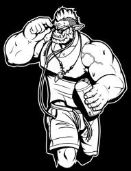 Rule 34 | 1boy, adjusting eyewear, bara, cropped legs, english text, forked eyebrows, greyscale, hair tattoo, icysage, jewelry, large hands, large pectorals, male focus, male swimwear, mature male, merchandise available, mohawk, monochrome, monster boy, muscular, muscular male, necklace, orc, original, pectoral cleavage, pectorals, pointy ears, solo, sunglasses, sweat, swim trunks, tooth necklace, tusks, walking