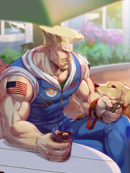 Rule 34 | 1boy, american flag tattoo, bara, blonde hair, cup, denim, dog, facial hair, feet out of frame, goatee, guile, highres, holding, holding cup, hood, hood down, jewelry, large pectorals, male focus, muscular, muscular male, necklace, official alternate costume, pectoral cleavage, pectorals, short hair, smile, solo, street fighter, street fighter 6, tied sleeves, yuiofire, zipper