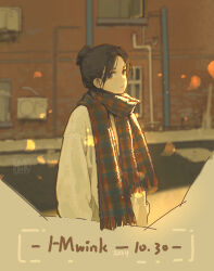 1girl absurdres black_hair brown_eyes brown_scarf building closed_mouth evening expressionless hair_bun highres hua_ming_wink original outdoors plaid_clothes plaid_scarf scarf solo sweater white_sweater