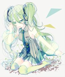 Rule 34 | 1girl, bare shoulders, blue necktie, detached sleeves, dress, full body, green dress, green eyes, green hair, green nails, green theme, green thighhighs, grey background, hand up, hatsune miku, highres, long hair, nail polish, nakko (7nt5ta), necktie, pleated skirt, see-through, shirt, simple background, sitting, skirt, sleeveless, sleeveless dress, solo, thighhighs, triangle, twintails, very long hair, vocaloid, wariza, white background