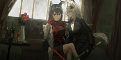 Rule 34 | 2girls, absurdres, alcohol, animal ear fluff, animal ears, arknights, black gloves, black hair, black jacket, black neckwear, black pants, black skirt, bottle, breasts, chihuri, cigarette, collared shirt, commentary request, crossed legs, cup, curtains, diagonal-striped clothes, diagonal-striped necktie, diagonal-striped neckwear, dress shirt, drinking glass, eye contact, flower, gloves, grey eyes, grey hair, hair ornament, hairclip, highres, holding, holding sword, holding weapon, jacket, katana, lappland (arknights), long hair, long sleeves, looking at another, medium breasts, mouth hold, multiple girls, necktie, necktie grab, neckwear grab, open clothes, open jacket, pants, red eyes, red flower, red gloves, red rose, red shirt, rose, shirt, sitting, skirt, smoke, smoking, striped clothes, striped neckwear, striped skirt, sword, table, tail, texas (arknights), vase, vertical-striped clothes, vertical-striped skirt, very long hair, weapon, white jacket, white shirt, window, wine, wine bottle, wine glass