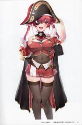 Rule 34 | 1girl, absurdres, ascot, bare shoulders, belt, blush, breasts, buttons, cleavage, coat, covered navel, detached sleeves, eyepatch, gloves, gold trim, hands up, hat, heart, heart print, highres, hololive, houshou marine, loincloth, long hair, looking at viewer, medium breasts, off shoulder, open mouth, page number, pirate hat, pleated skirt, red eyes, red hair, red skirt, scan, see-through, see-through cleavage, simple background, skirt, smile, solo, teeth, thighhighs, twintails, upper teeth only, virtual youtuber, watao, white gloves, zettai ryouiki