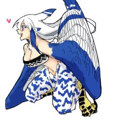 Rule 34 | 1girl, animal ears, black tube top, blue feathers, blue hair, blue wings, breasts, feather hair, feathers, harpy, heart, highres, large breasts, long hair, monster girl, multicolored hair, navel, open mouth, original, pink eyes, simple background, solo, strapless, talons, tube top, two-tone hair, two-tone wings, urotori, urotori&#039;s unnamed harpy, white background, white feathers, white hair, winged arms, wings