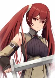 Rule 34 | 1girl, black gloves, bow, closed mouth, commentary request, detached sleeves, fire emblem, fire emblem awakening, gloves, hair between eyes, highres, holding, holding sword, holding weapon, labebebe lee, long hair, nintendo, red bow, red eyes, red hair, severa (fire emblem), simple background, solo, sword, twintails, upper body, weapon, white background