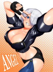 Rule 34 | 1girl, akisu k, angel (kof), ass, blue eyes, bra, breasts, chaps, cleavage, cropped jacket, fingerless gloves, gloves, grin, hair over one eye, jacket, large breasts, leather, leather jacket, looking at viewer, looking up, navel, one eye closed, open mouth, outstretched arm, peace symbol, selfie, smile, snk, solo, the king of fighters, the king of fighters xiv, underwear, v, v over eye