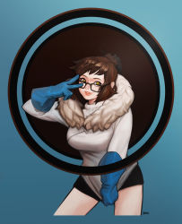Rule 34 | 1girl, absurdres, alternate costume, artist name, black-framed eyewear, black shorts, blue gloves, blush, brown eyes, brown hair, clothes pull, coco jang, contrapposto, cowboy shot, eyeliner, fur trim, gloves, hair bun, hair ornament, hair stick, hand up, highres, lips, lipstick, long sleeves, looking at viewer, makeup, mei (overwatch), nose, overwatch, overwatch 1, parted lips, pink lips, pulled by self, ribbed sweater, shirt pull, short hair, short shorts, shorts, sidelocks, single hair bun, smile, solo, standing, sweater, teeth, turtleneck, v