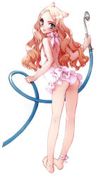 Rule 34 | 1girl, :p, absurdres, ankle ribbon, ass, bare shoulders, barefoot, blonde hair, blue eyes, blush, casual one-piece swimsuit, feet, flat ass, flat chest, from behind, full body, halterneck, highres, hose, ingrid (seiken no faeries), leg ribbon, long hair, looking back, one-piece swimsuit, ooyari ashito, parted bangs, ribbon, scan, seiken no faeries, simple background, solo, swimsuit, tongue, tongue out, white background, white one-piece swimsuit