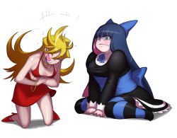 Rule 34 | 10s, 2girls, aqua eyes, blonde hair, blue hair, breasts, embarrassed, female focus, laughing, long hair, medium breasts, multicolored hair, multiple girls, panty &amp; stocking with garterbelt, panty (psg), pink hair, plump, simple background, sitting, stocking (psg), tears, white background
