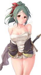 Rule 34 | 10s, 1girl, aki (akikaze asparagus), bare shoulders, blush, breasts, clothes lift, collarbone, covered erect nipples, cowboy shot, dress, dress lift, granblue fantasy, green hair, hair ribbon, herja, highres, ponytail, ribbon, simple background, solo, sweater, sweater dress, white background, yellow eyes