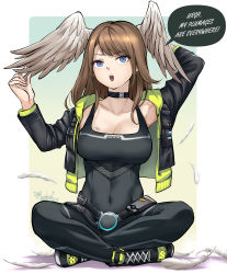 Rule 34 | 1girl, absurdres, black bodysuit, black jacket, blue eyes, bodysuit, breast tattoo, breasts, brown hair, cleavage, covered navel, english text, eunie (xenoblade), feathers, green hoodie, head wings, highres, hood, hoodie, indian style, jacket, large breasts, leather, leather jacket, medium hair, open mouth, ravenhart, shedding, shedding feathers, sitting, solo, speech bubble, tattoo, toned, wings, xenoblade chronicles (series), xenoblade chronicles 3