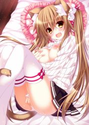 Rule 34 | 1girl, animal ears, ass, between legs, blonde hair, blush, breasts, breasts out, cat ears, cat tail, commentary request, fang, female masturbation, frilled pillow, frills, hair bobbles, hair ornament, hand between legs, heart, heart-shaped pillow, highres, large breasts, long hair, long sleeves, masturbation, meme attire, nipples, no bra, ooji cha, open-chest sweater, open mouth, original, panties, pillow, pleated skirt, ribbed sweater, skirt, solo, sweat, sweater, tail, thighhighs, turtleneck, twintails, underwear, very long hair, white panties, white thighhighs, yellow eyes