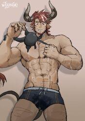 Rule 34 | 1boy, abs, animal ears, arknights, bara, beard, black male underwear, boxer briefs, bulge, cow boy, cow ears, cow horns, facial hair, highres, horns, humus (arknights), large pectorals, male focus, male underwear, mature male, multicolored hair, muscular, muscular male, navel, navel hair, nipples, octopus, pectorals, red hair, short hair, solo, stomach, streaked hair, suggestive fluid, thick eyebrows, topless male, trtoutoongo, underwear, wide-eyed