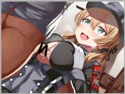 Rule 34 | 1boy, 1girl, admiral (kancolle), bad id, bad twitter id, bar censor, belko, blonde hair, breasts squeezed together, breasts, censored, cross, cum, cum on body, cum on breasts, cum on upper body, green eyes, hair between eyes, hat, hetero, iron cross, kantai collection, lowres, open mouth, paizuri, peaked cap, penis, prinz eugen (kancolle), solo focus