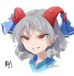 Rule 34 | 1girl, commentary request, curly hair, dress, eye print, gloves, grey gloves, grin, highres, horizontal pupils, horn ornament, horn ribbon, horns, medium hair, otomeza ryuseigun, pointy ears, rectangular pupils, red eyes, red horns, ribbon, sharp teeth, sheep horns, simple background, smile, solo, sunken fossil world, teeth, touhou, toutetsu yuuma, translation request, white background