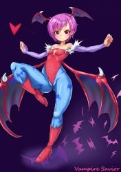 Rule 34 | 1girl, animal print, bare shoulders, bat print, blue pantyhose, blush, boots, breasts, bridal gauntlets, capcom, closed mouth, collarbone, copyright name, covered navel, demon girl, demon wings, hair between eyes, head wings, heart, high heel boots, high heels, highleg, highleg leotard, leg up, leotard, lilith aensland, pantyhose, purple hair, purple wings, rabittofaa, red eyes, red footwear, red leotard, short hair, small breasts, smile, solo, vampire (game), wings
