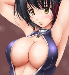 Rule 34 | 10s, 1girl, akatsuki akane, alternate costume, armpits, arms behind head, breasts, female focus, front zipper swimsuit, haguro (kancolle), kantai collection, large breasts, looking away, meme attire, one-piece swimsuit, parted lips, short hair, solo, swimsuit
