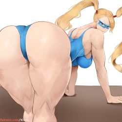 Rule 34 | 1girl, artist name, ass, back, bare shoulders, bent over, blonde hair, breasts, from behind, huge ass, kisou (kisou00), large breasts, long hair, looking at viewer, looking back, mask, rainbow mika, sleeveless, smile, solo, street fighter, street fighter v, thick thighs, thighs, toned, twintails, white background, wrestling outfit